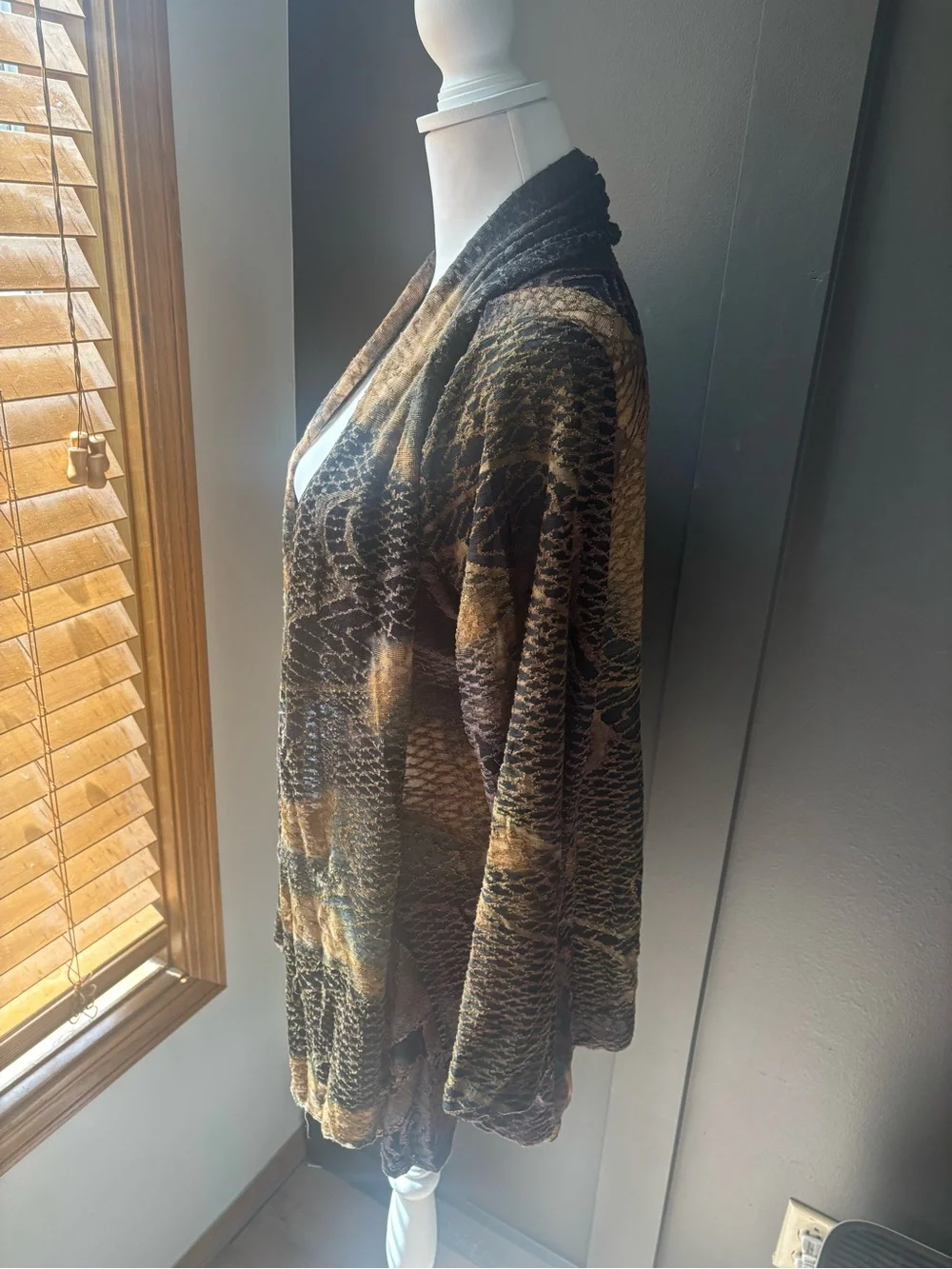 Palila Sheer Snake Print Waterfall Cardigan Brown Beige Drape Open Front M Boho